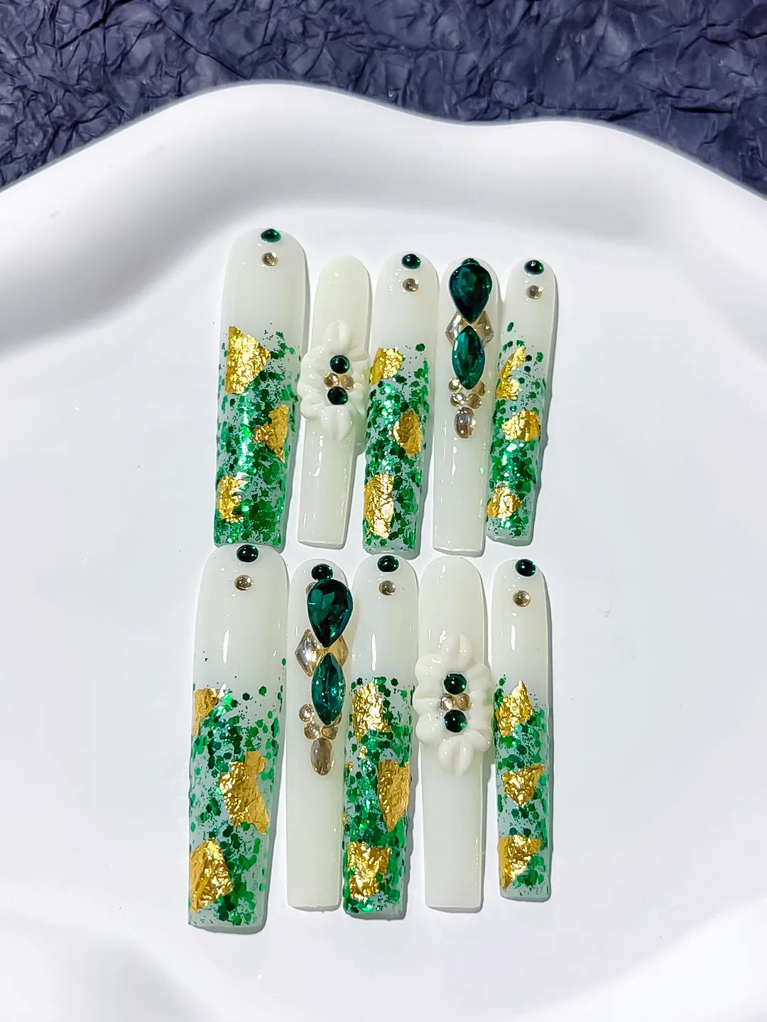 White Green Gold Abstract Flower Rhinestone Dot press on nails close up