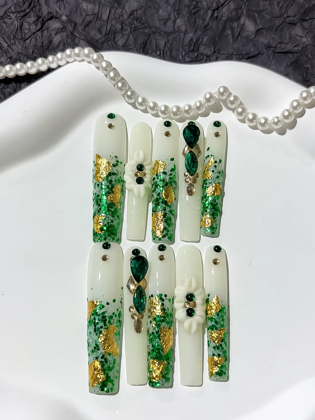 White Green Gold Abstract Flower Rhinestone Dot press on nails detail view