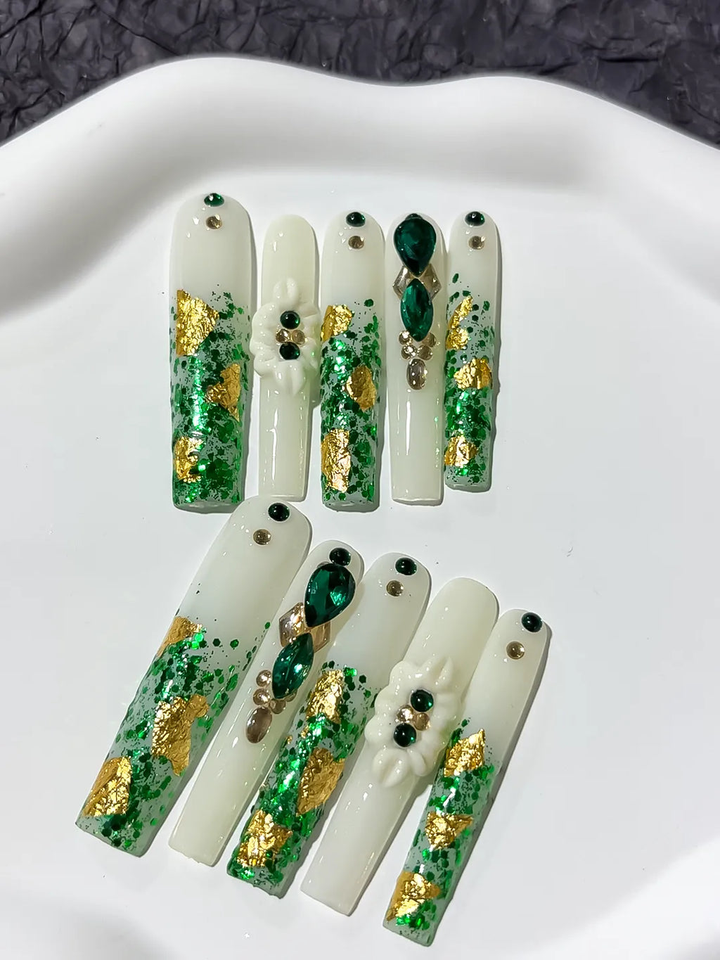 White Green Gold Abstract Flower Rhinestone Dot press on nails detail view
