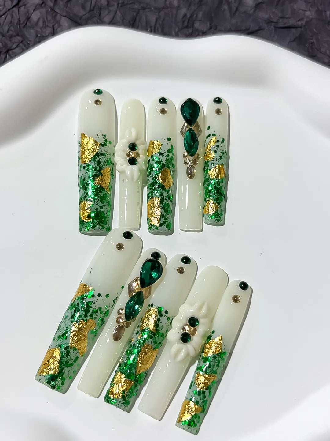 White Green Gold Abstract Flower Rhinestone Dot press on nails detail view