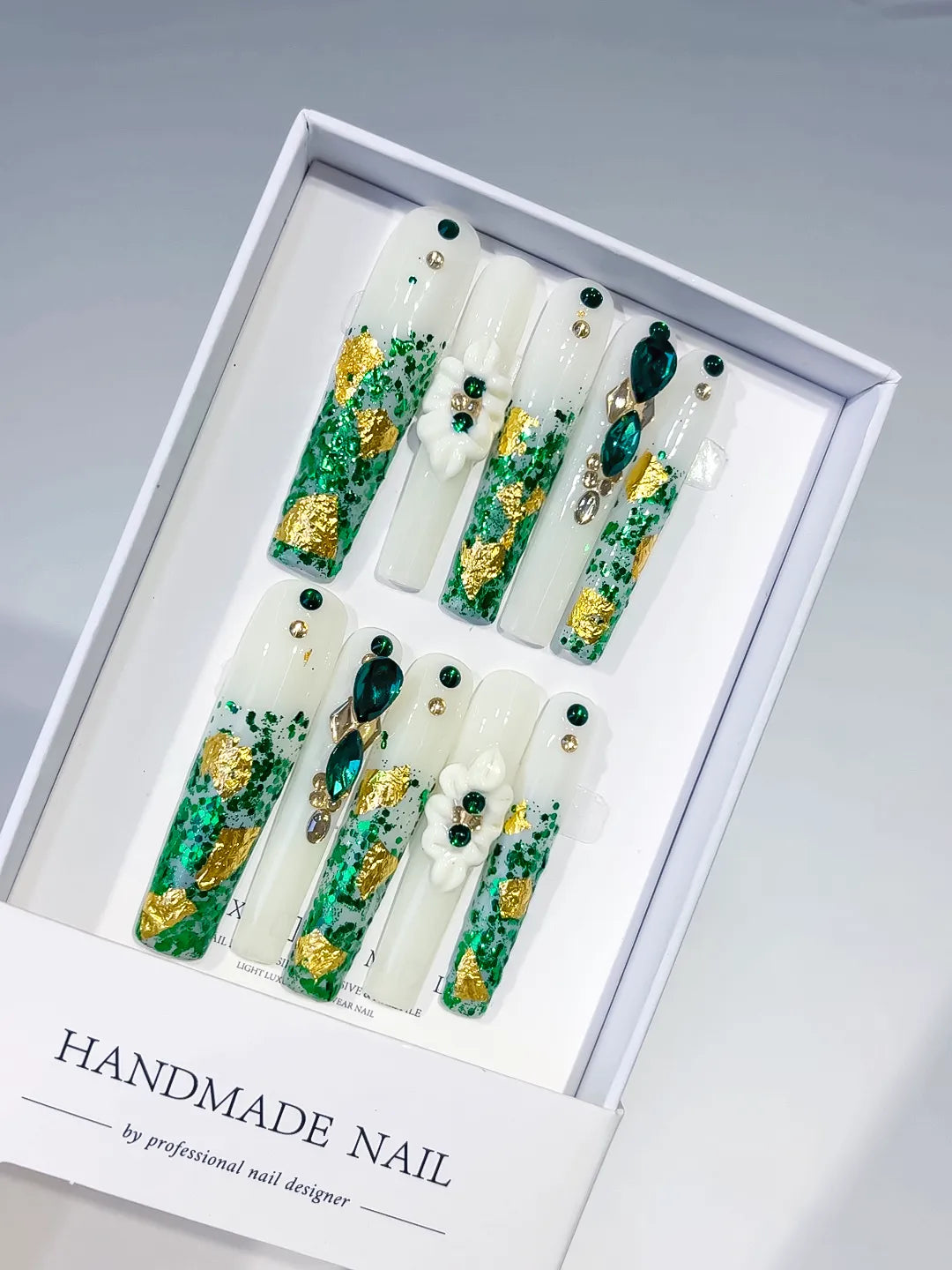White Green Gold Abstract Flower Rhinestone Dot press on nails