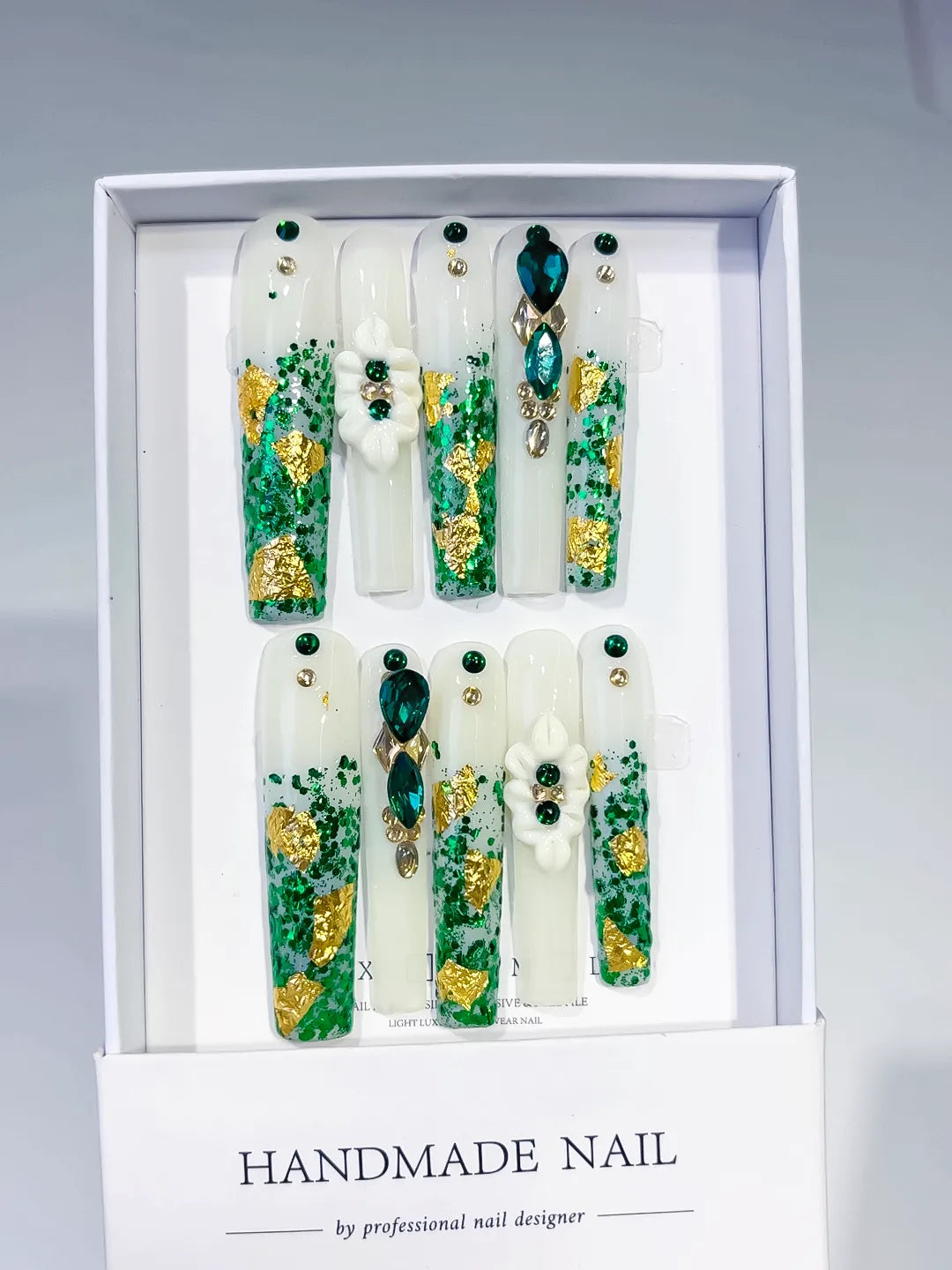 White Green Gold Abstract Flower Rhinestone Dot press on nails full set view