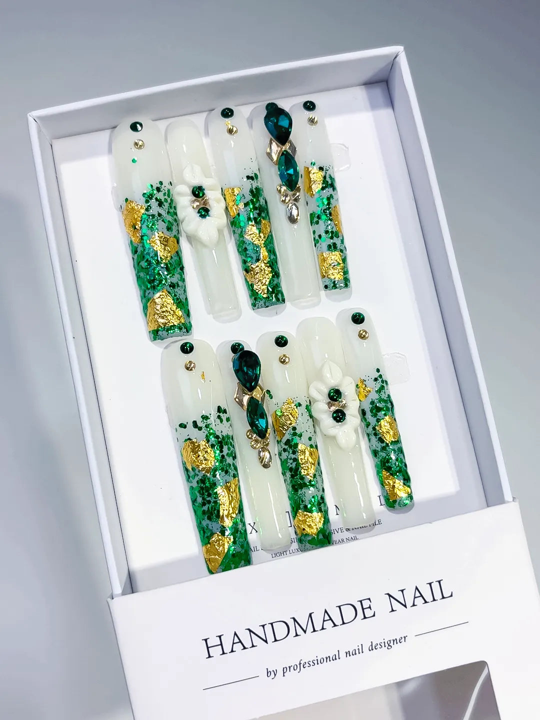White Green Gold Abstract Flower Rhinestone Dot press on nails angled view
