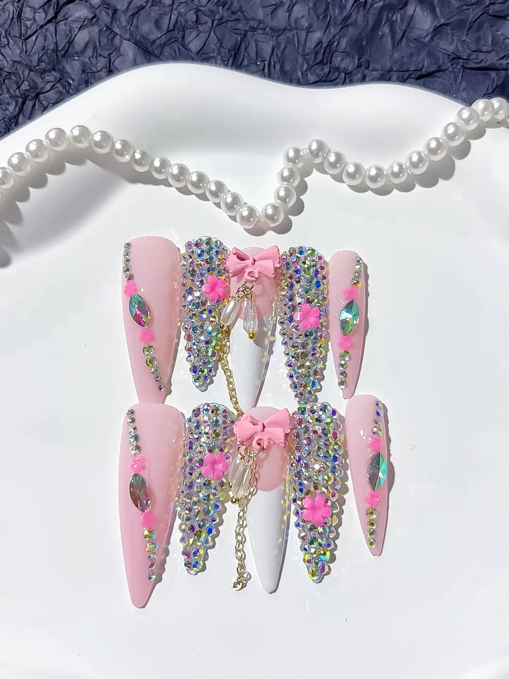 Pink White Abstract Flower 3D press on nails detail view