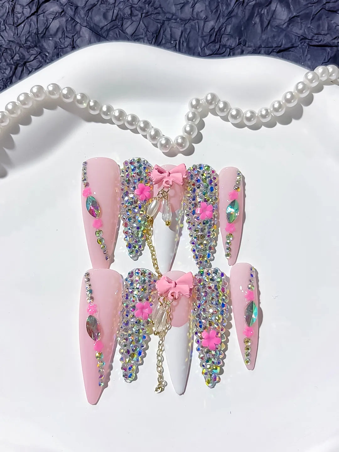 Pink White Abstract Flower 3D press on nails detail view