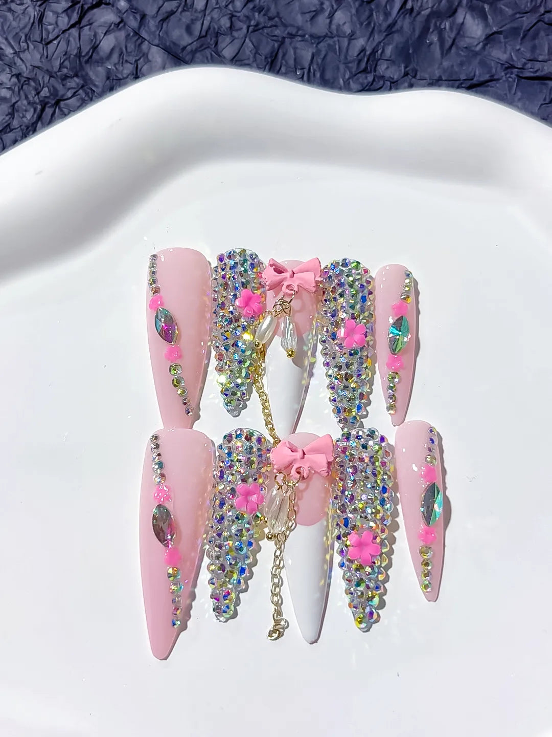 Pink White Abstract Flower 3D press on nails close up