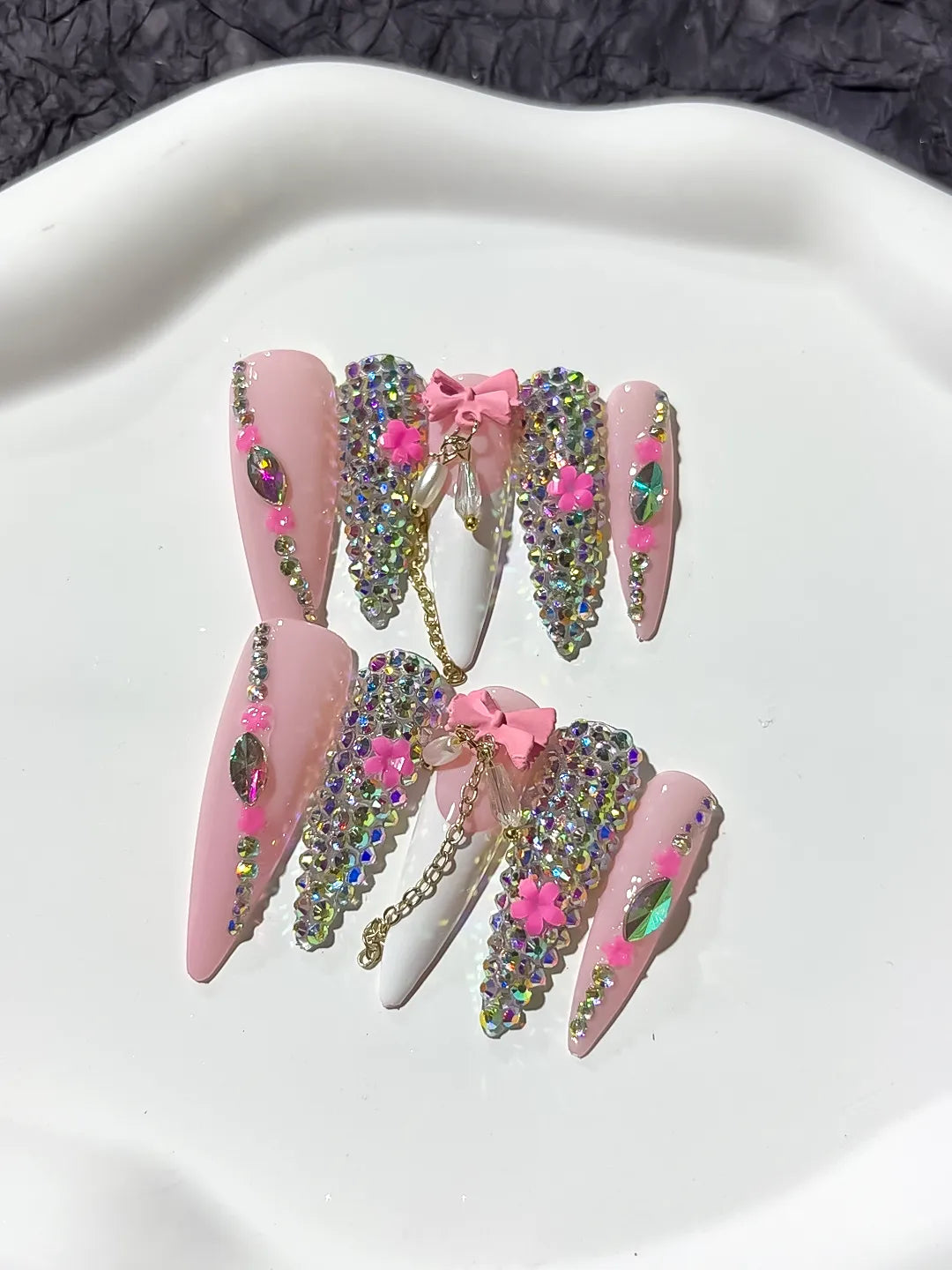 Pink White Abstract Flower 3D press on nails detail view