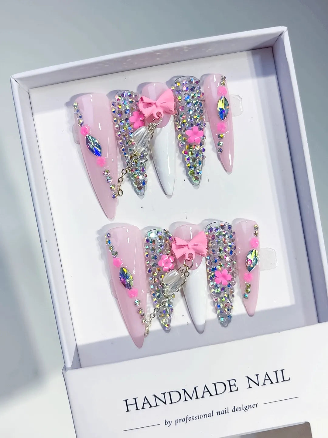 Pink White Abstract Flower 3D press on nails angled view