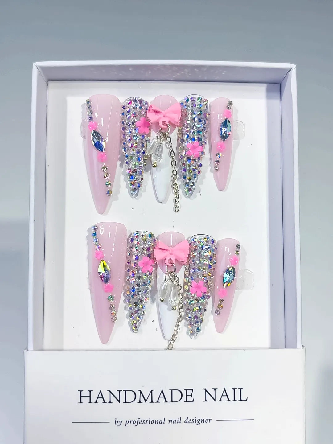 Pink White Abstract Flower 3D press on nails full set view