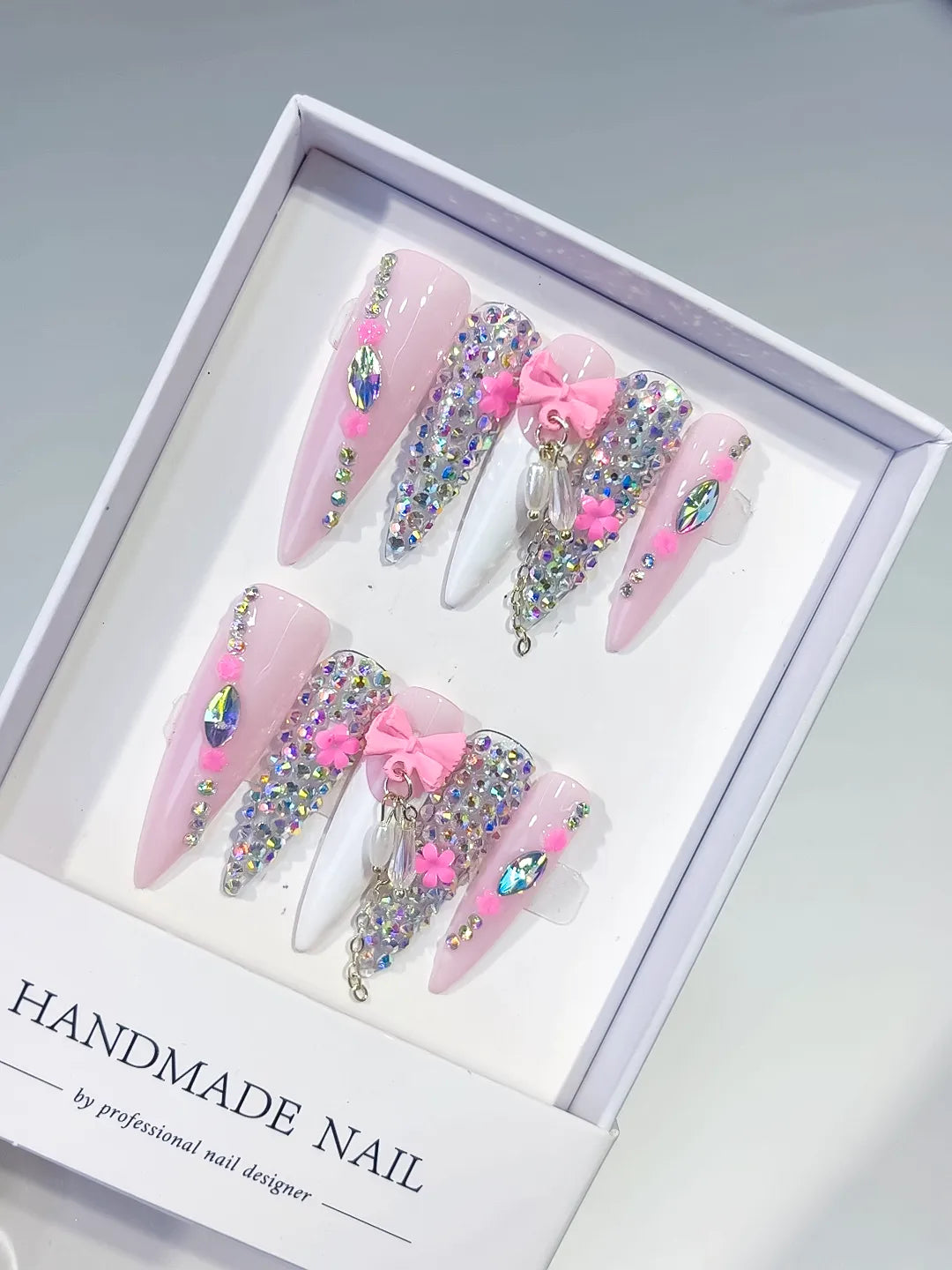 Pink White Abstract Flower 3D press on nails