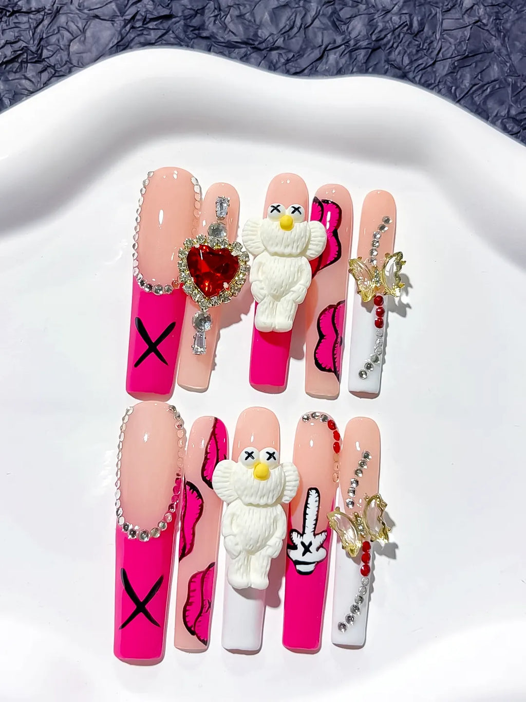 Pink Nude White Solid color Bear Bow Rhinestone 3D press on nails close up