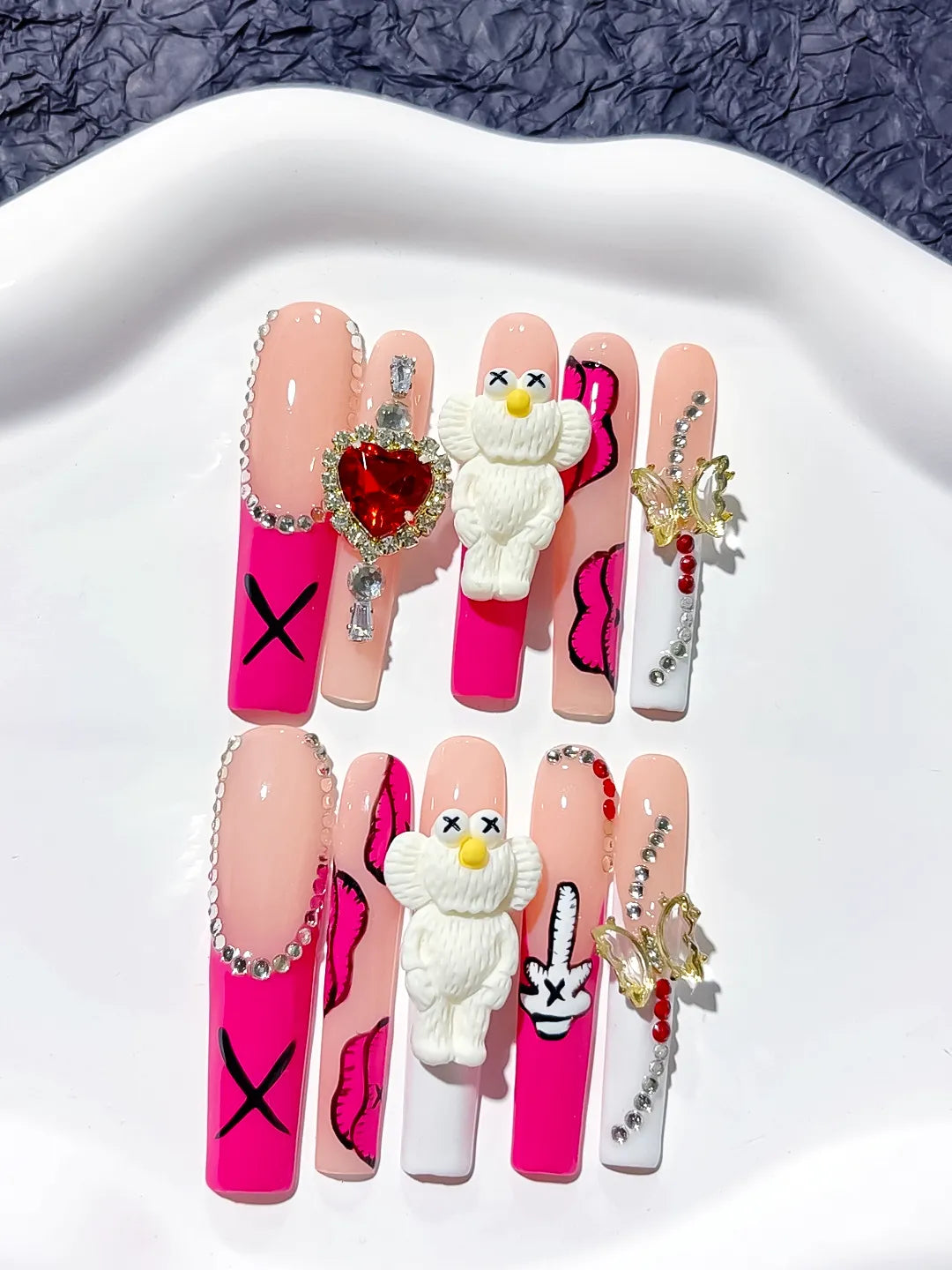 Pink Nude White Solid color Bear Bow Rhinestone 3D press on nails close up