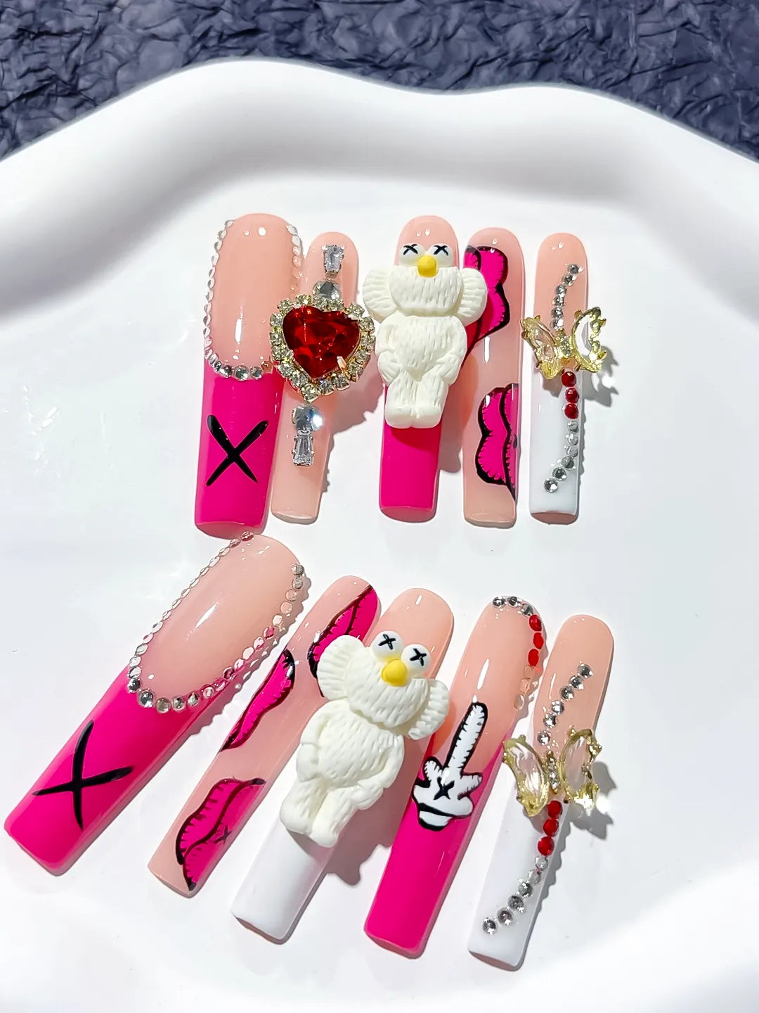 Pink Nude White Solid color Bear Bow Rhinestone 3D press on nails detail view