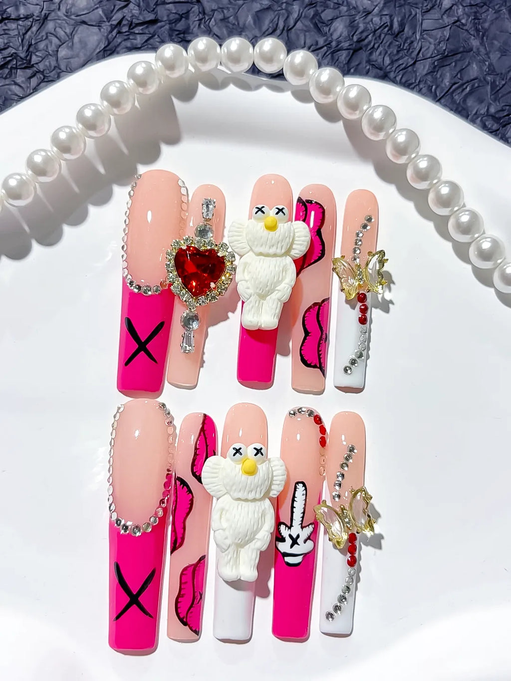 Pink Nude White Solid color Bear Bow Rhinestone 3D press on nails detail view