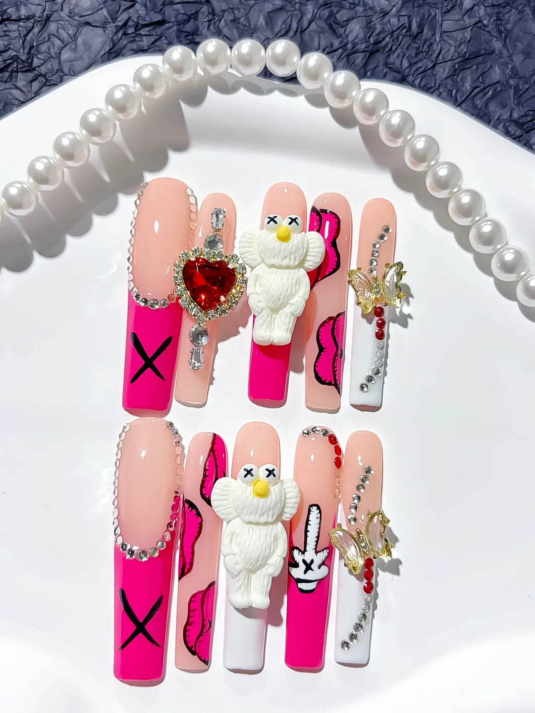 Pink Nude White Solid color Bear Bow Rhinestone 3D press on nails detail view