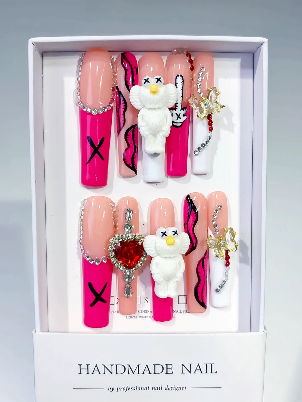 Pink Nude White Solid color Bear Bow Rhinestone 3D press on nails full set view