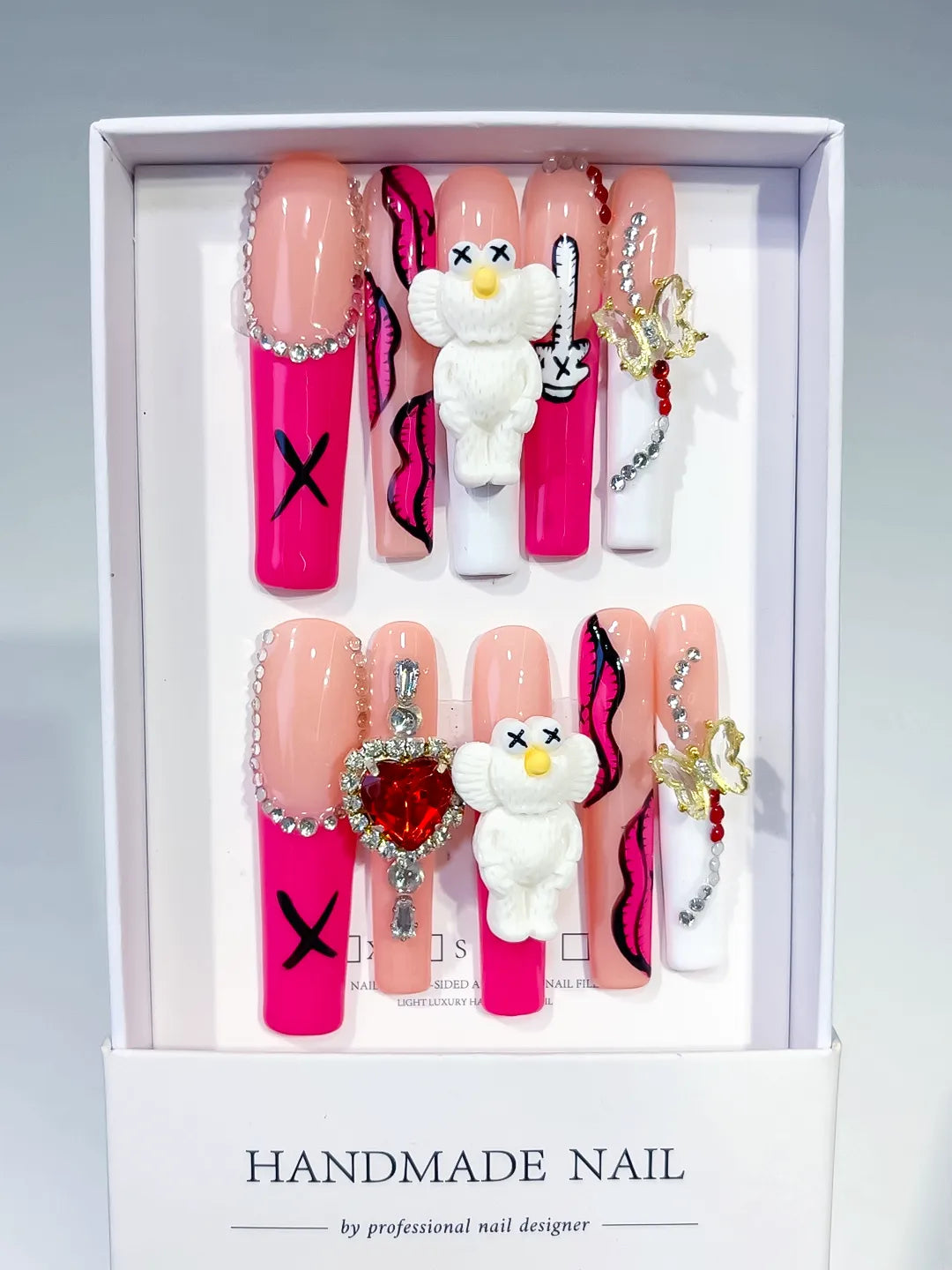 Pink Nude White Solid color Bear Bow Rhinestone 3D press on nails full set view