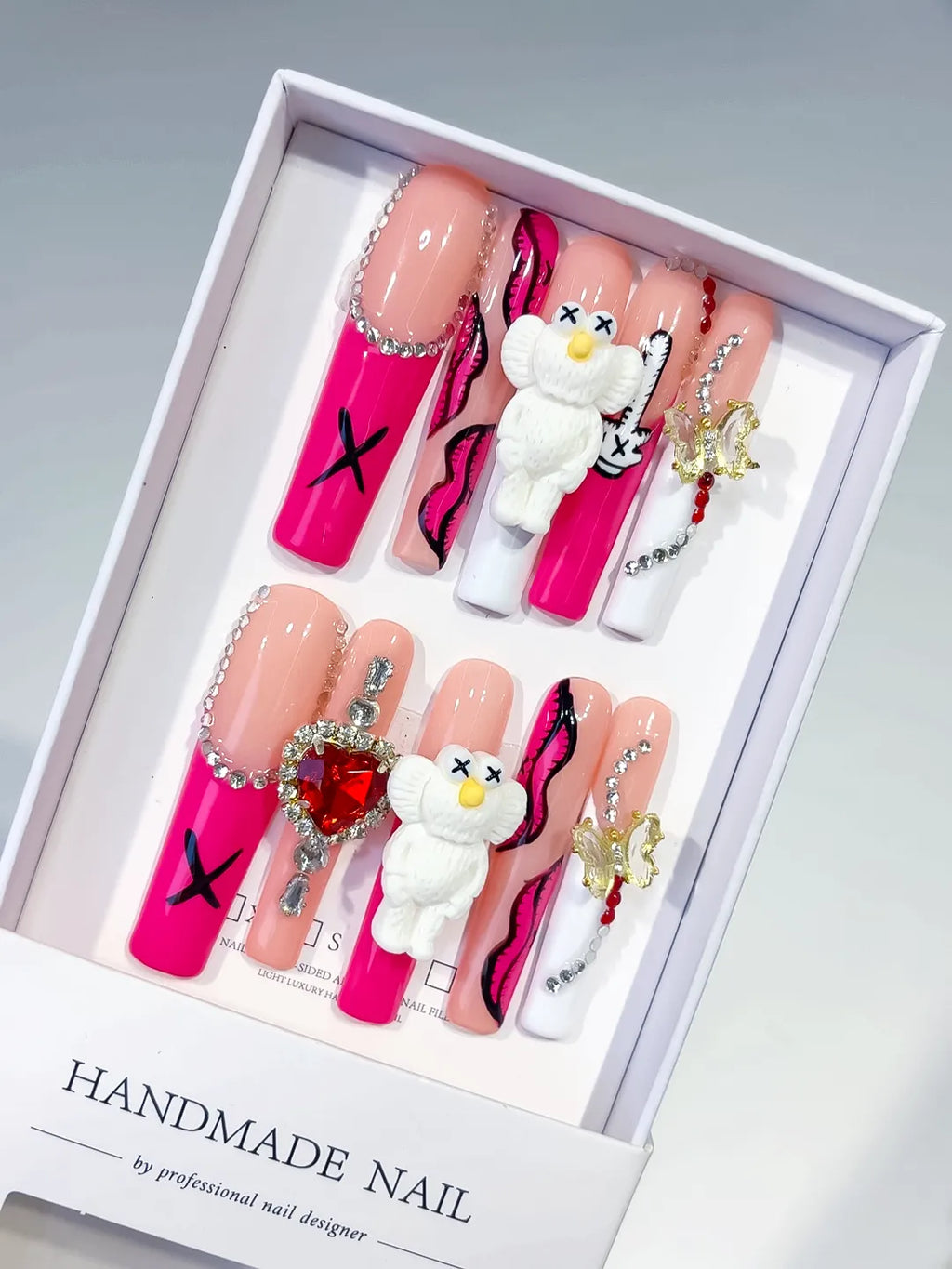 Pink Nude White Solid color Bear Bow Rhinestone 3D press on nails