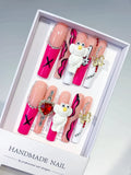 Pink Nude White Solid color Bear Bow Rhinestone 3D press on nails