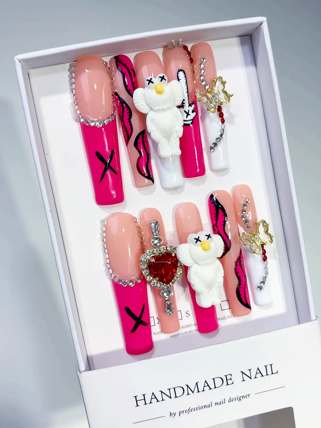 Pink Nude White Solid color Bear Bow Rhinestone 3D press on nails angled view