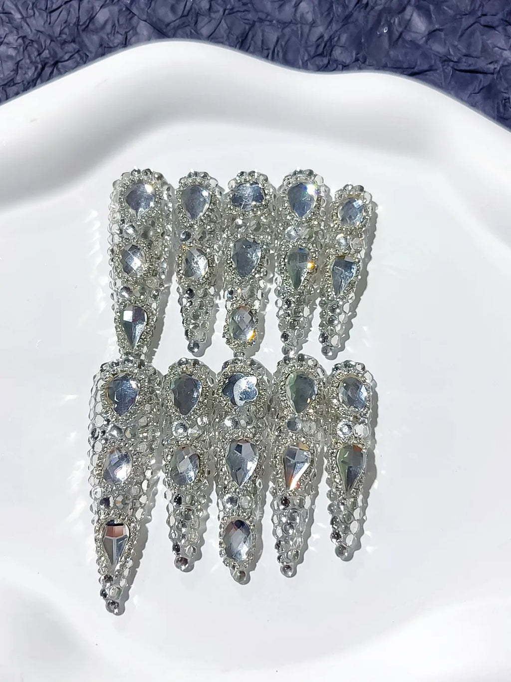 Silver Metallic Rhinestone Crystal Cluster press on nails detail view