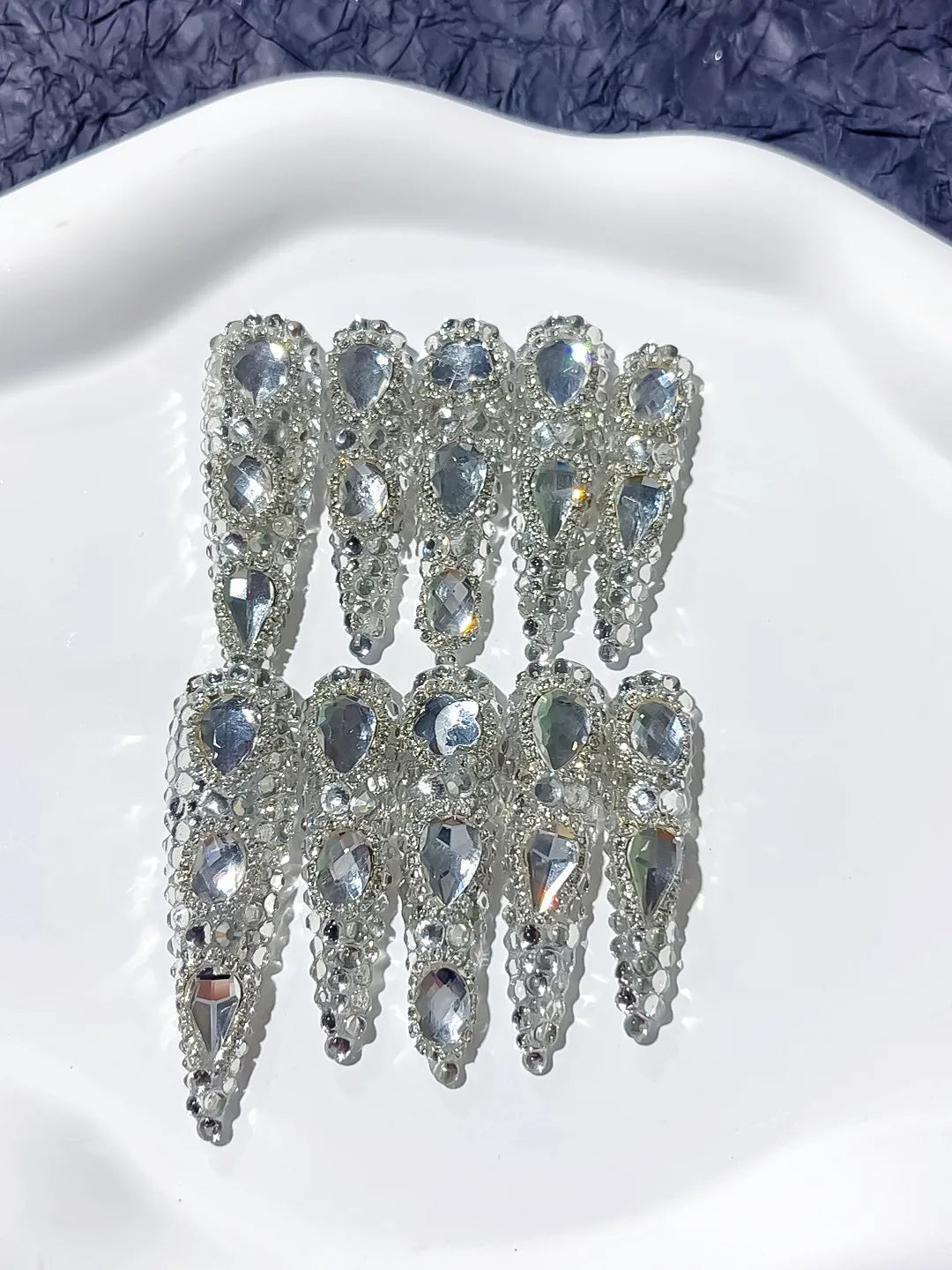 Silver Metallic Rhinestone Crystal Cluster press on nails detail view