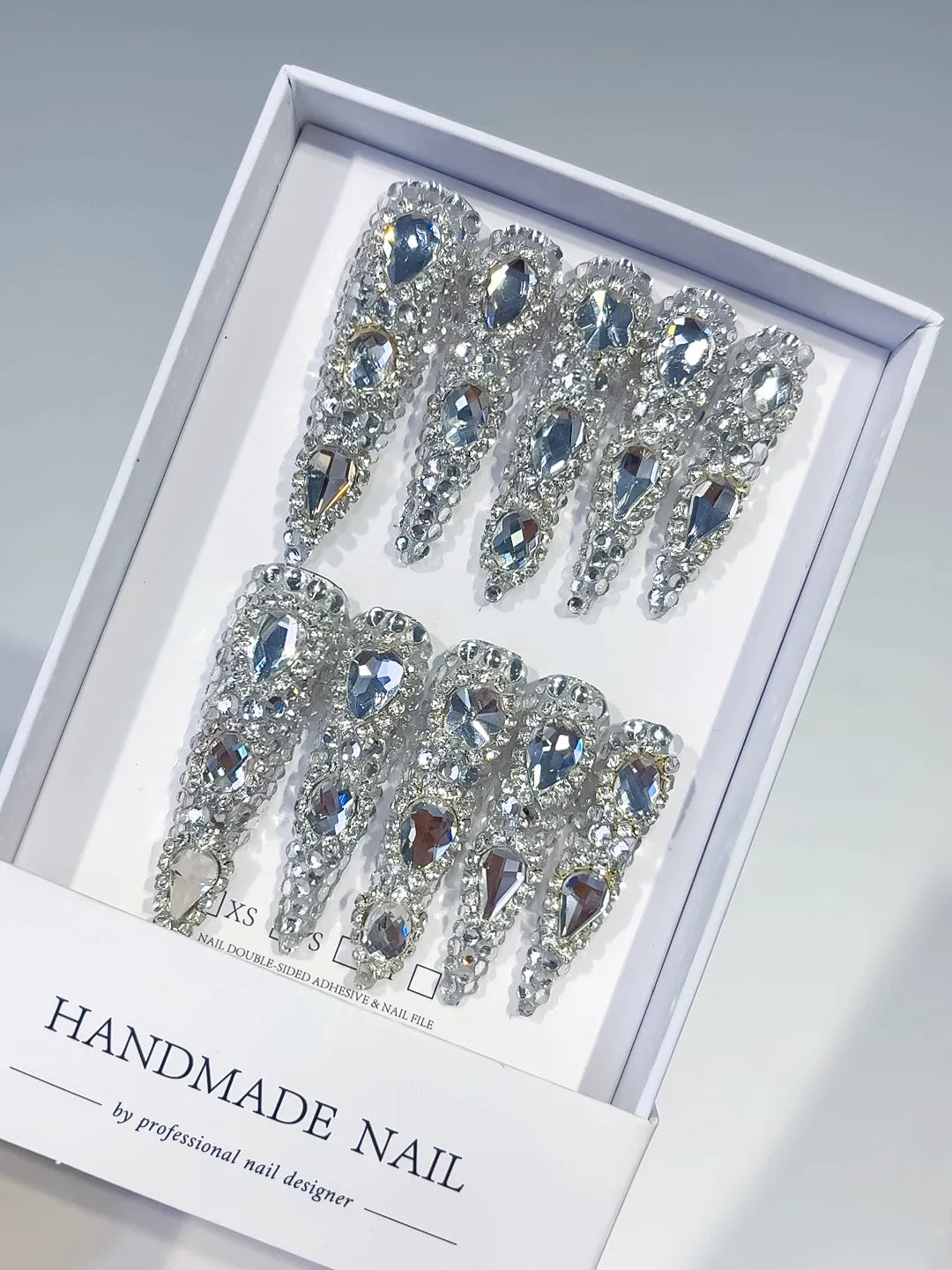 Silver Metallic Rhinestone Crystal Cluster press on nails