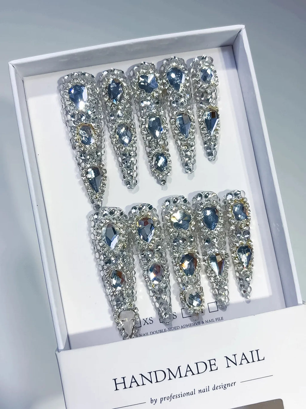 Silver Metallic Rhinestone Crystal Cluster press on nails angled view