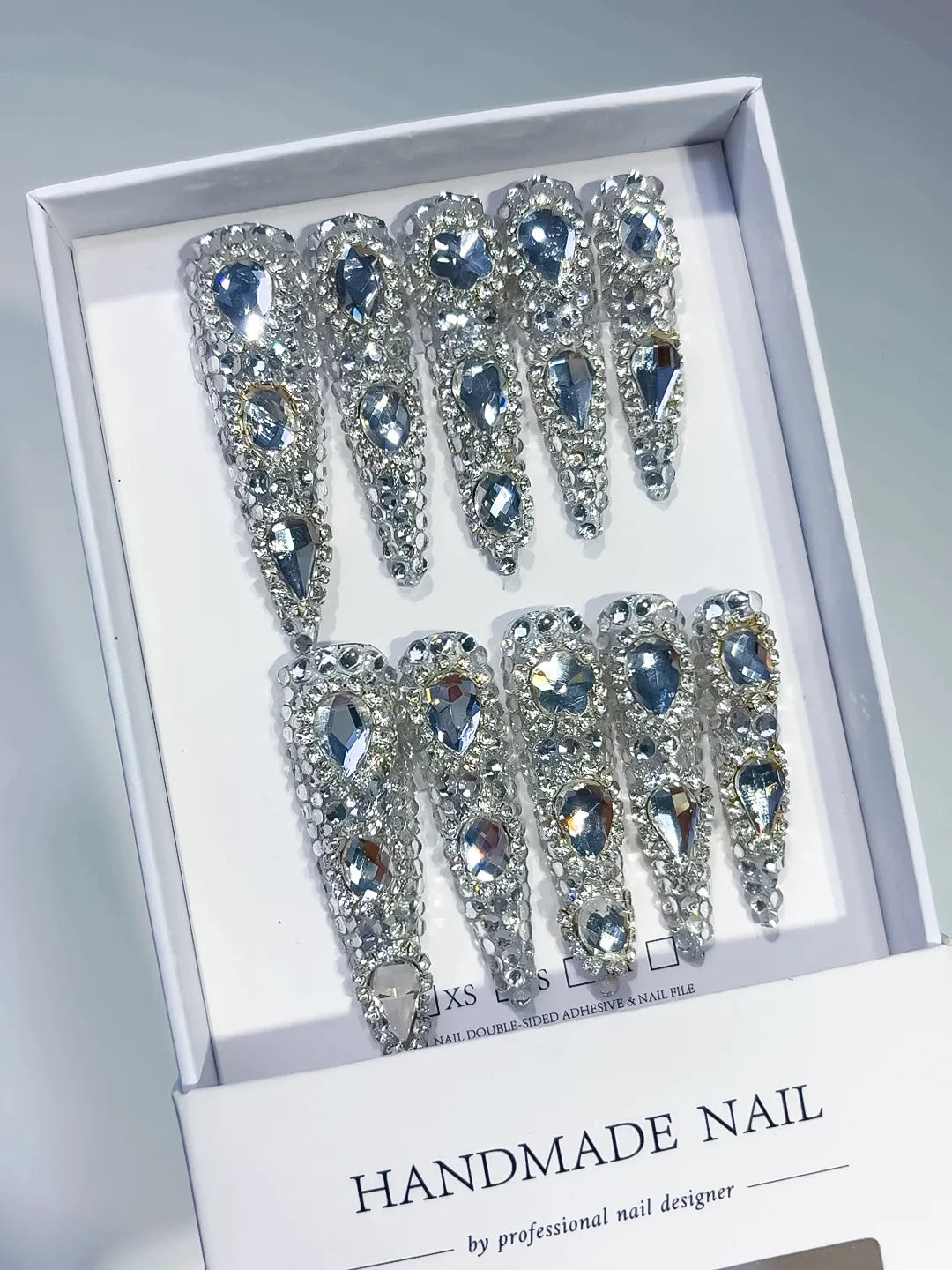 Silver Metallic Rhinestone Crystal Cluster press on nails angled view