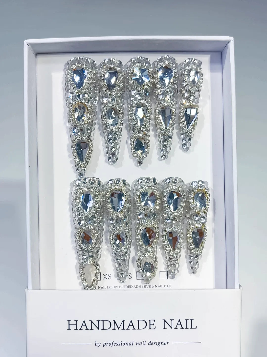 Silver Metallic Rhinestone Crystal Cluster press on nails full set view