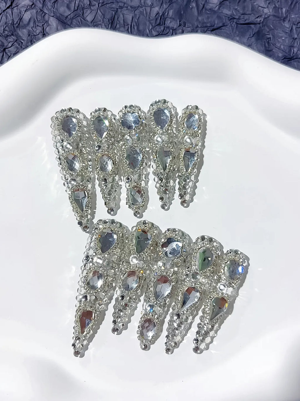 Silver Metallic Rhinestone Crystal Cluster press on nails close up