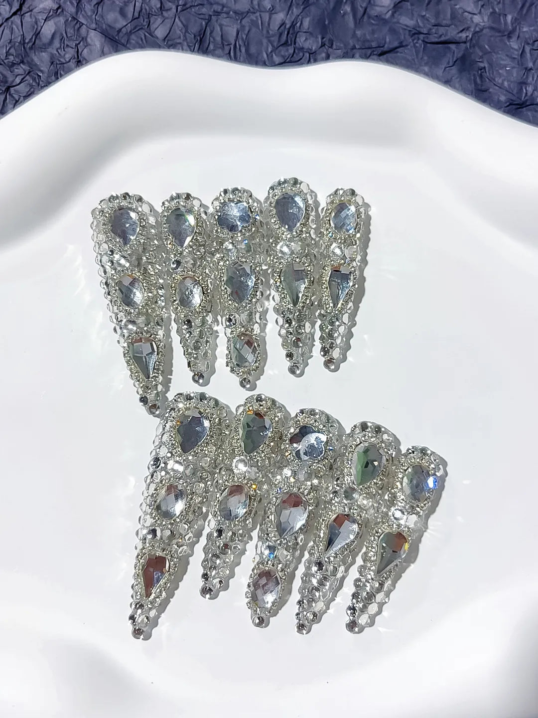 Silver Metallic Rhinestone Crystal Cluster press on nails close up