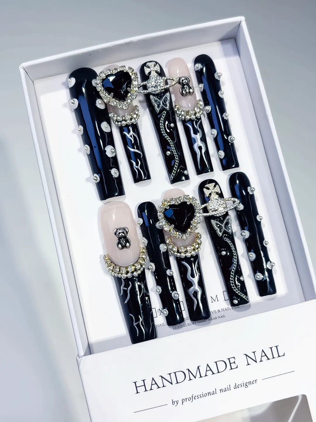 Black White Silver Abstract Flower Rhinestone 3D press on nails angled view
