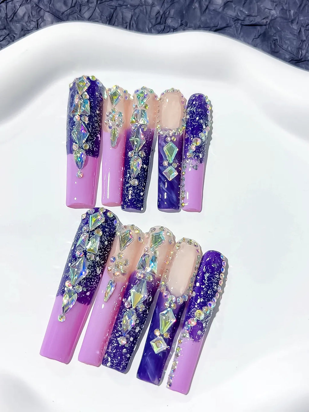Purple Silver Abstract Linework Rhinestone press on nails close up