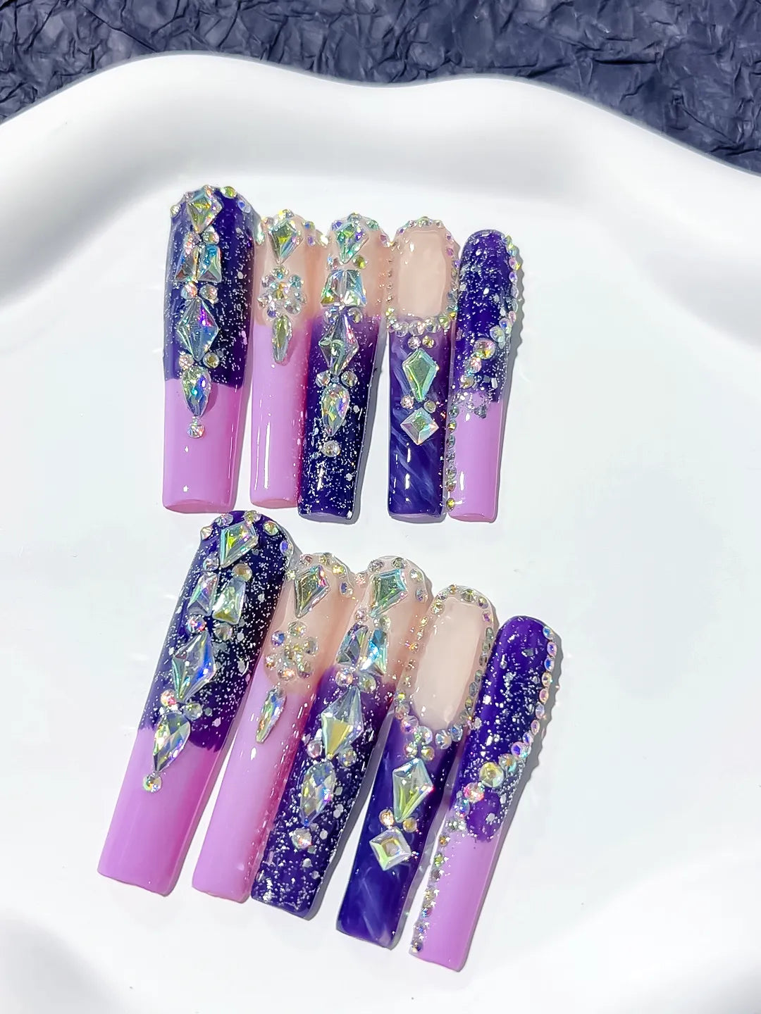 Purple Silver Abstract Linework Rhinestone press on nails close up
