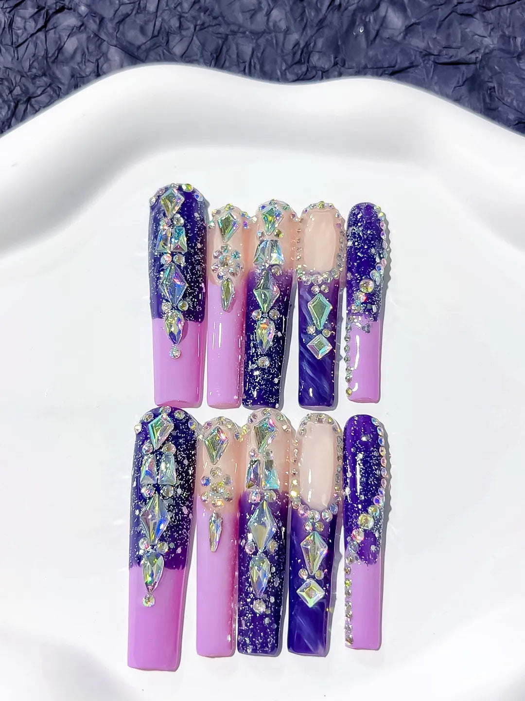 Purple Silver Abstract Linework Rhinestone press on nails detail view