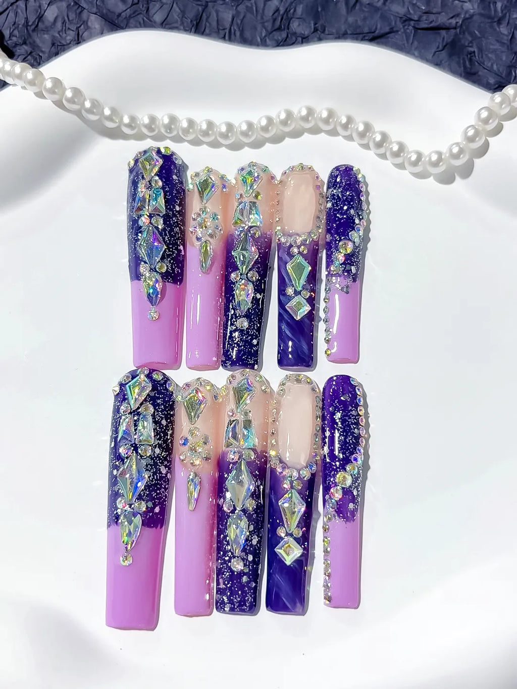 Purple Silver Abstract Linework Rhinestone press on nails detail view