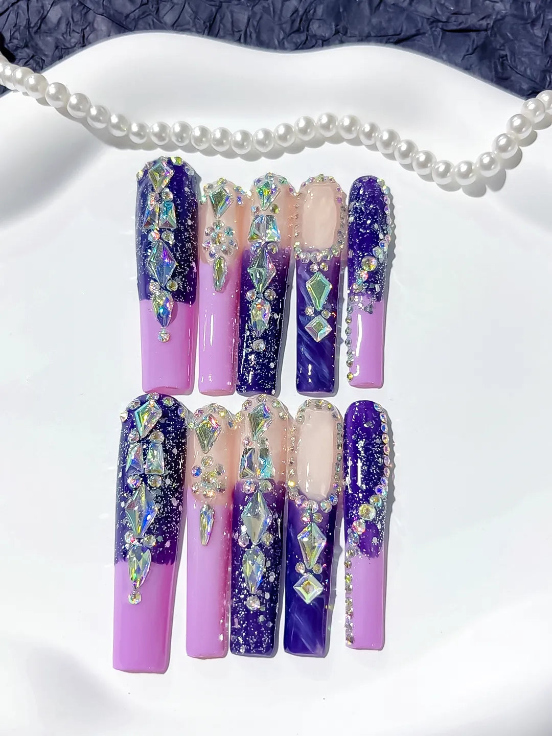 Purple Silver Abstract Linework Rhinestone press on nails detail view