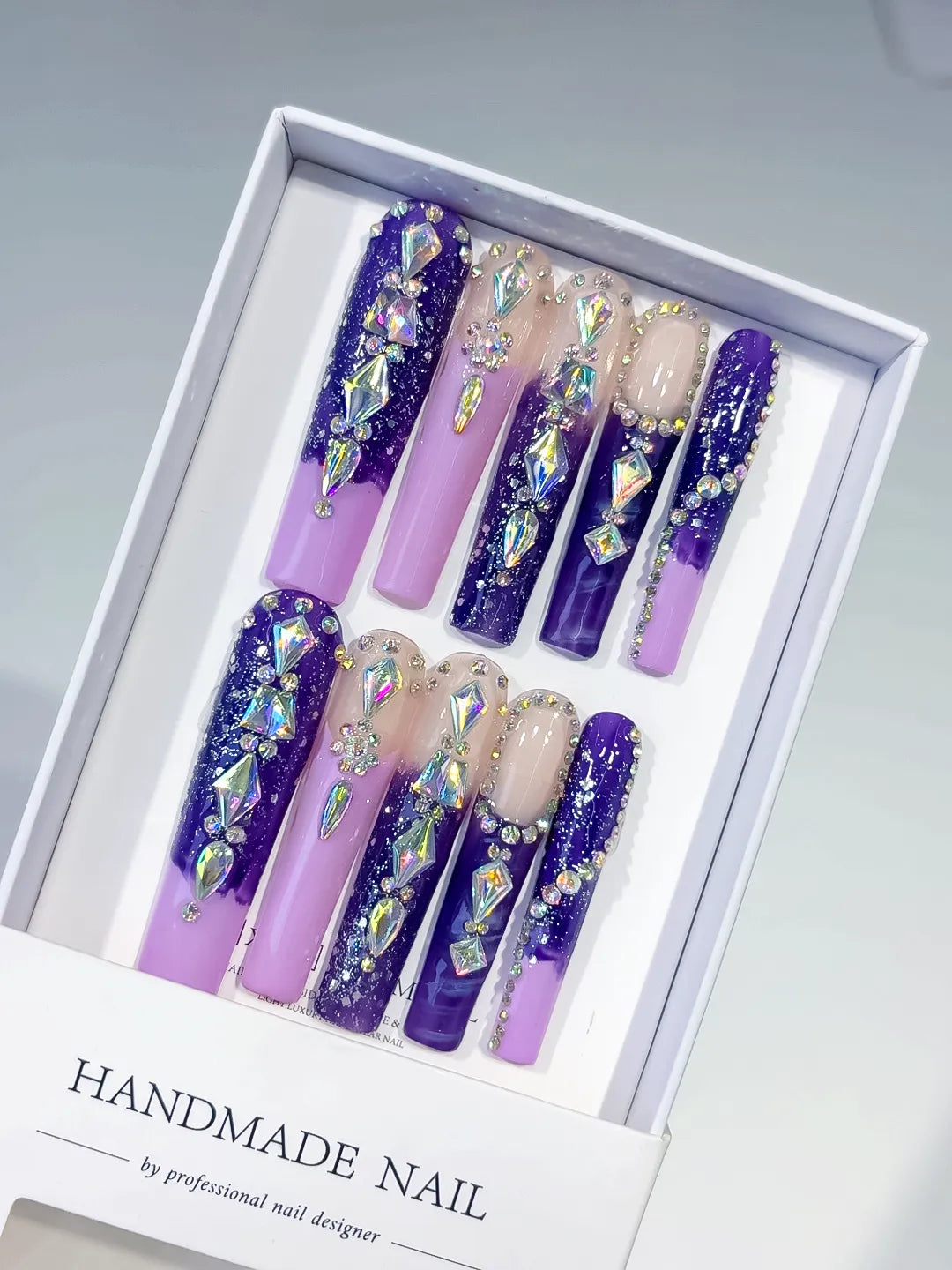 Purple Silver Abstract Linework Rhinestone press on nails
