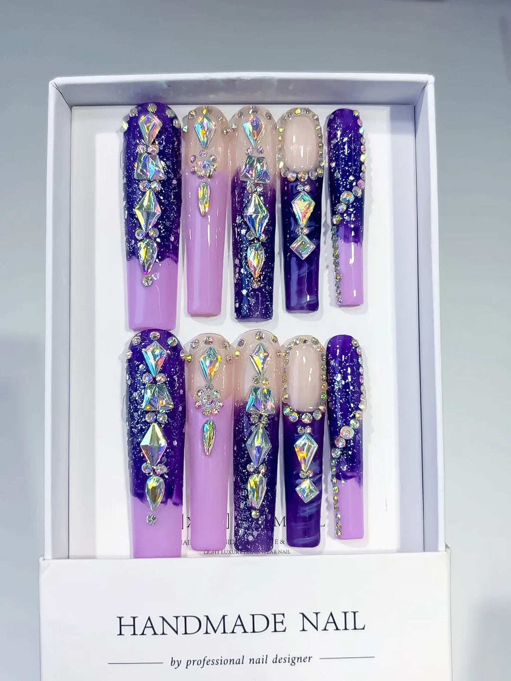 Purple Silver Abstract Linework Rhinestone press on nails full set view