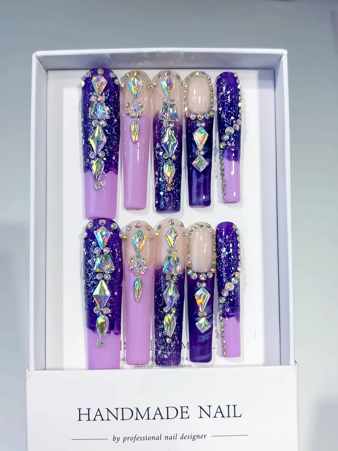 Purple Silver Abstract Linework Rhinestone press on nails full set view