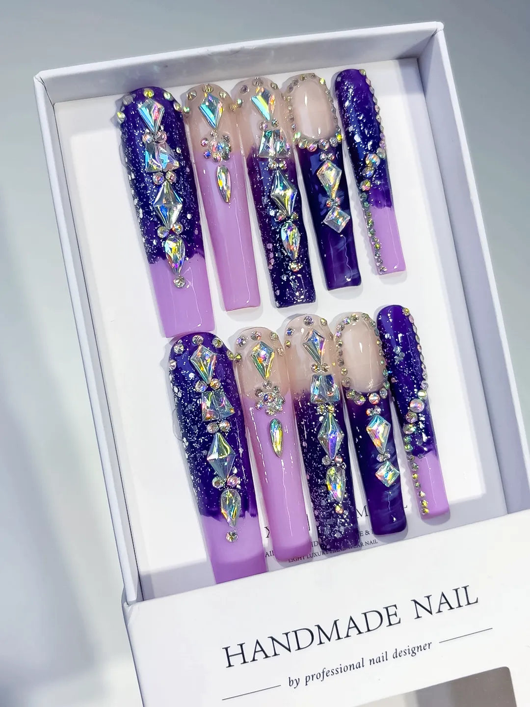 Purple Silver Abstract Linework Rhinestone press on nails angled view
