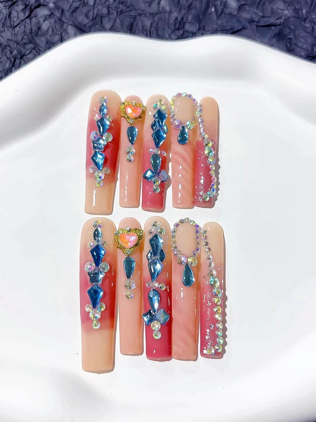 Pink Blue Orange Silver Abstract Star Rhinestone press on nails close up