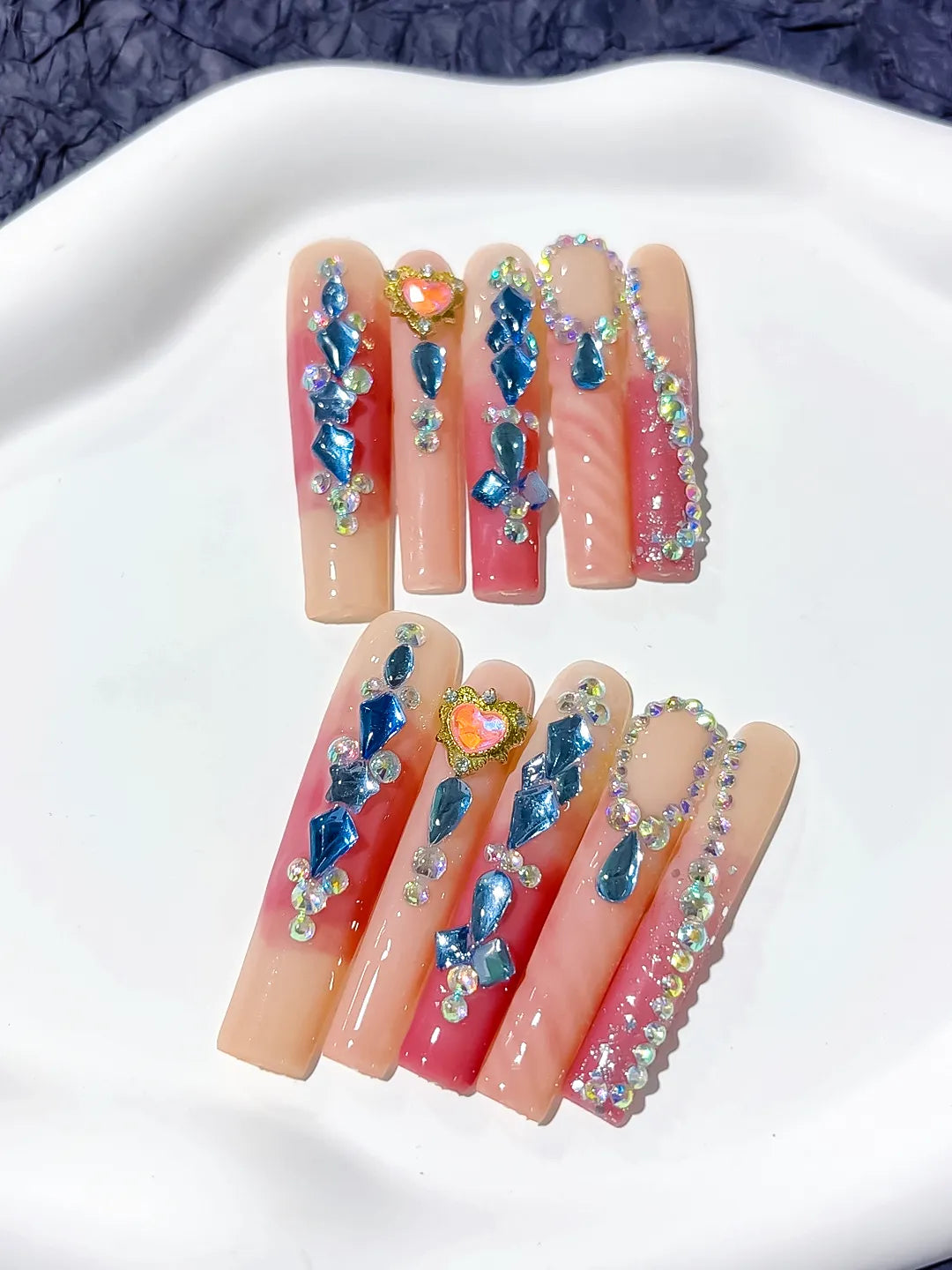 Pink Blue Orange Silver Abstract Star Rhinestone press on nails detail view