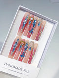 Pink Blue Orange Silver Abstract Star Rhinestone press on nails