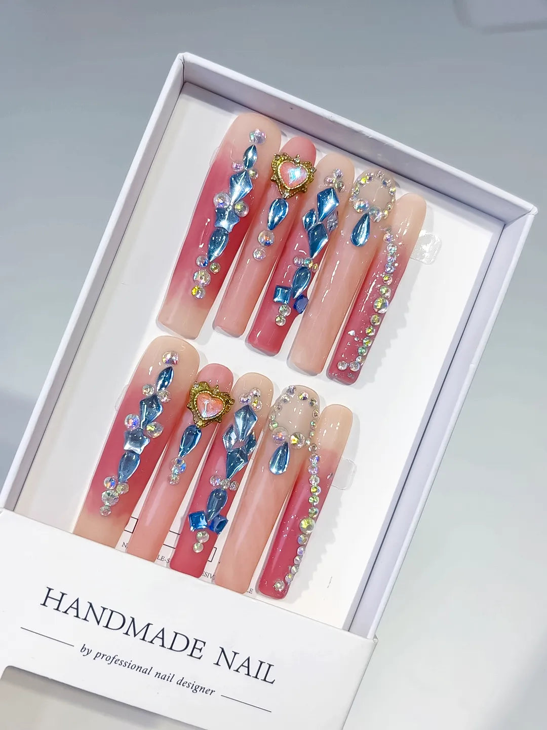 Pink Blue Orange Silver Abstract Star Rhinestone press on nails
