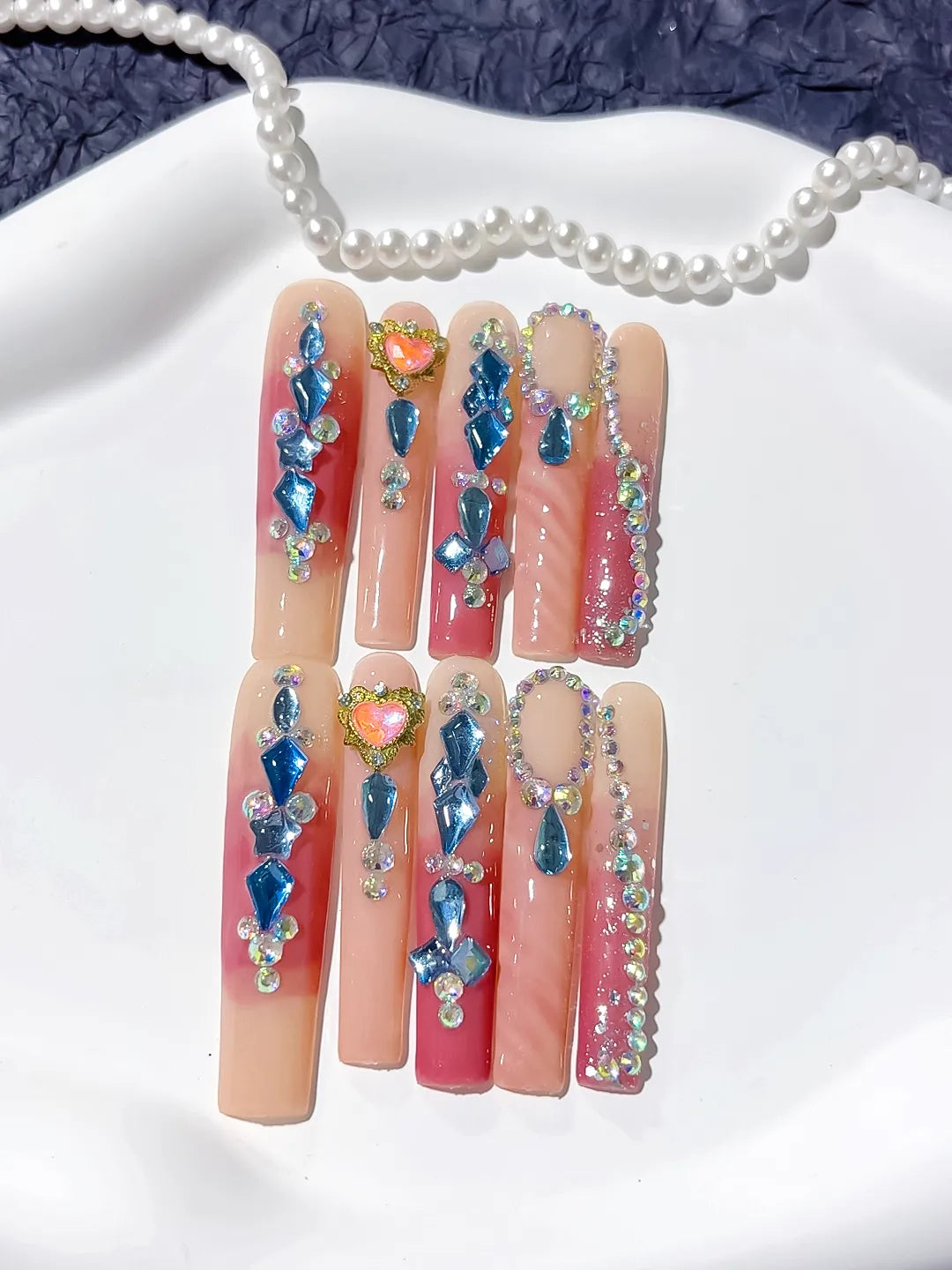 Pink Blue Orange Silver Abstract Star Rhinestone press on nails detail view
