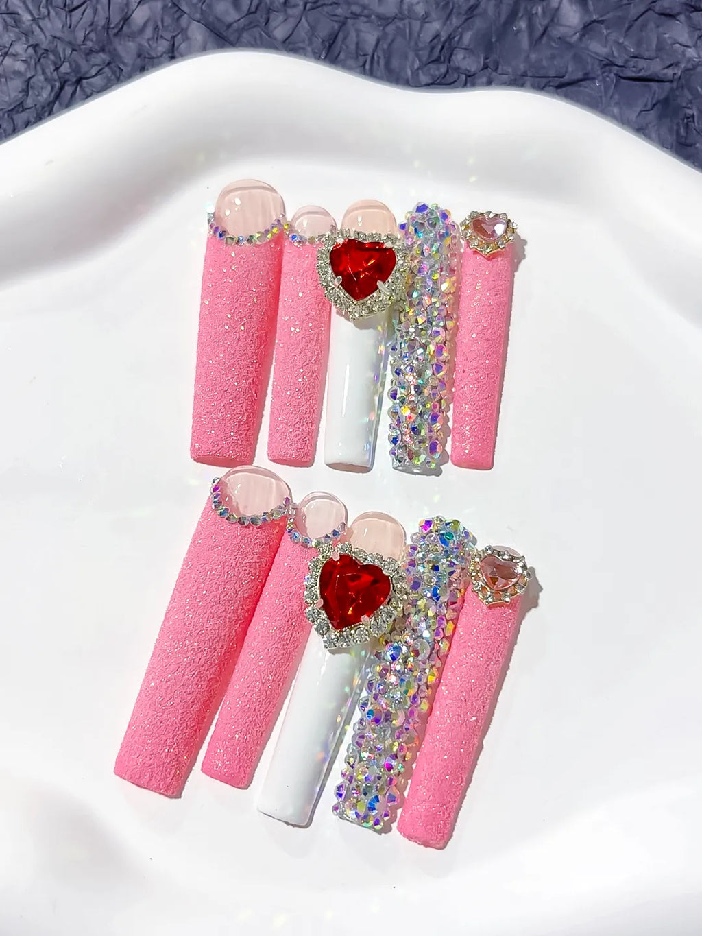 Pink White Red Solid color Heart Bow Rhinestone 3D press on nails close up