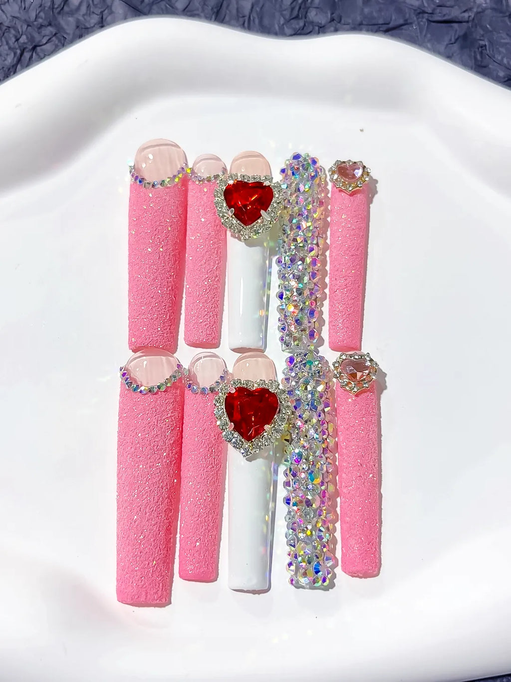 Pink White Red Solid color Heart Bow Rhinestone 3D press on nails detail view