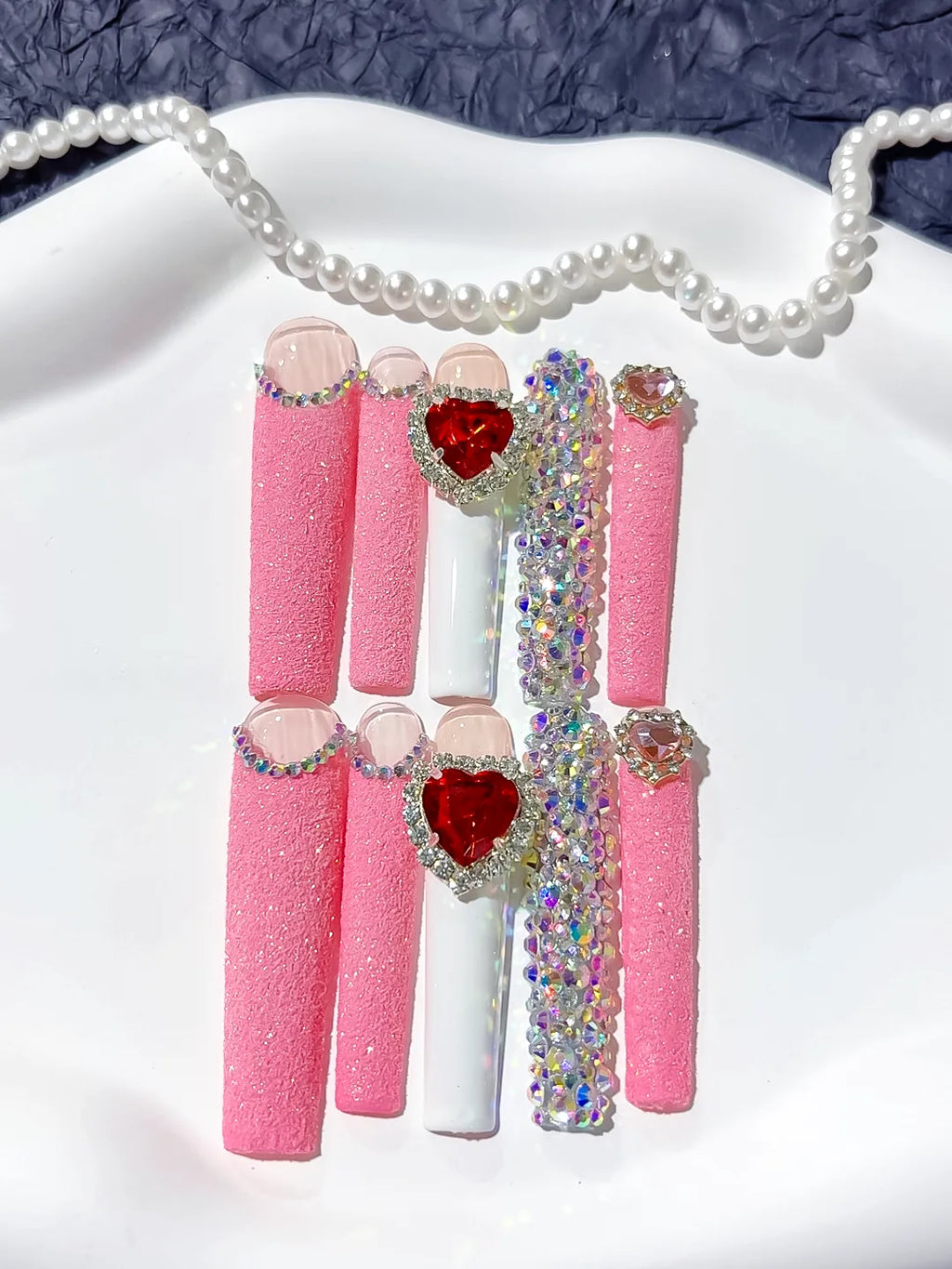 Pink White Red Solid color Heart Bow Rhinestone 3D press on nails detail view